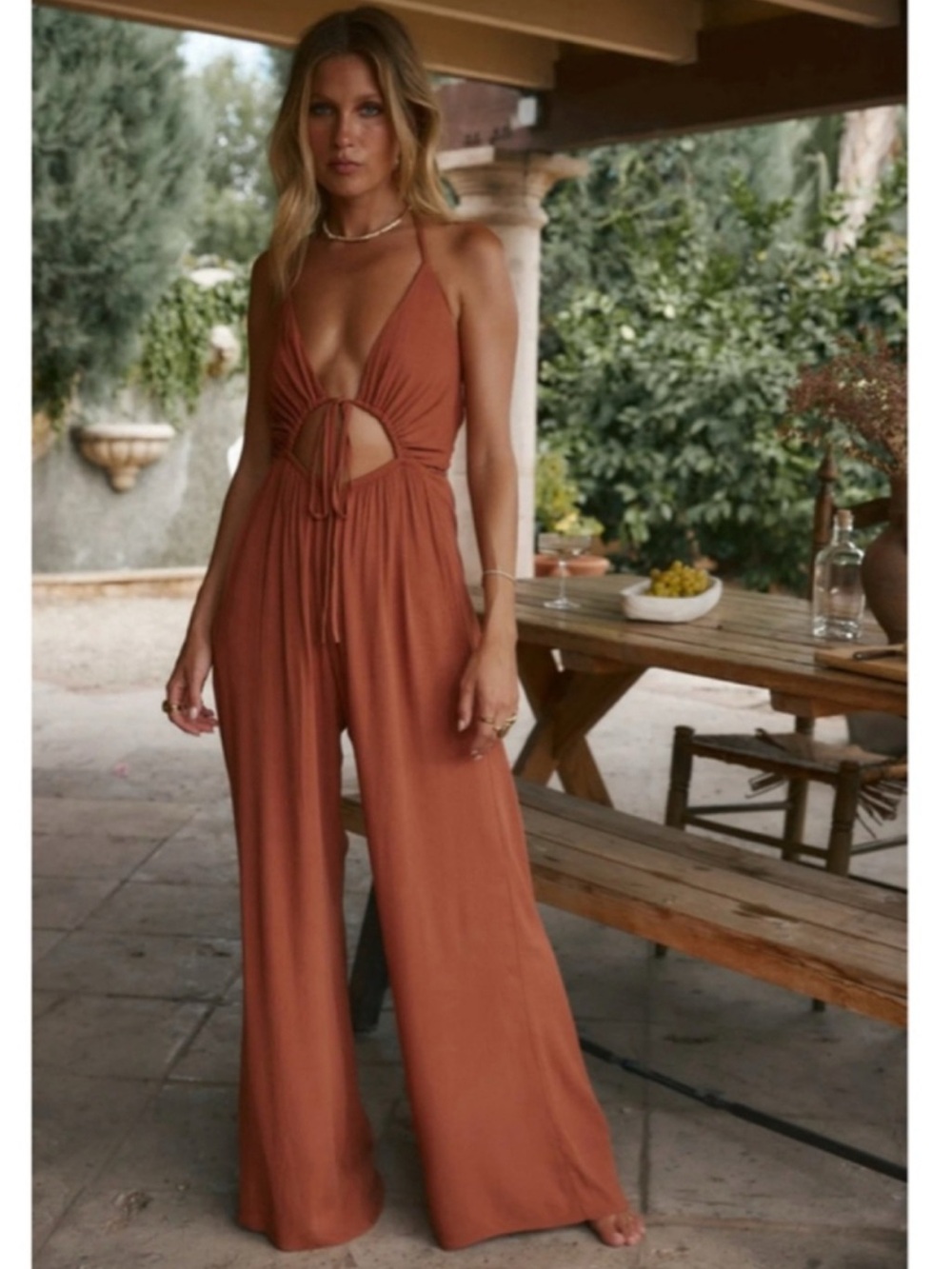 12th Tribe Rust Halter Cutout Wide-Leg Jumpsuit